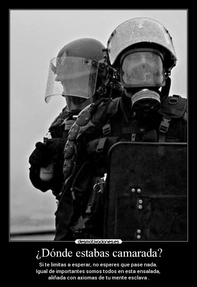 ¿Dónde estabas camarada? - Si te limitas a esperar, no esperes que pase nada.
Igual de importantes somos todos en esta ensalada,
aliñada con axiomas de tu mente esclava .