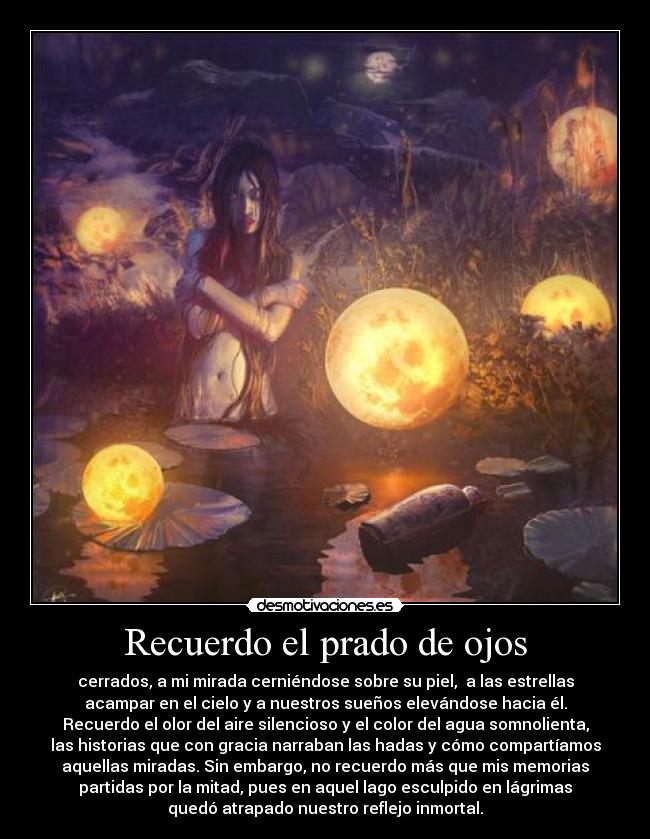 Recuerdo el prado de ojos - cerrados, a mi mirada cerniéndose sobre su piel, a las estrellas
acampar en el cielo y a nuestros sueños elevándose hacia él.
Recuerdo el olor del aire silencioso y el color del agua somnolienta,
las historias que con gracia narraban las hadas y cómo compartíamos
aquellas miradas. Sin embargo, no recuerdo más que mis memorias
partidas por la mitad, pues en aquel lago esculpido en lágrimas
quedó atrapado nuestro reflejo inmortal.