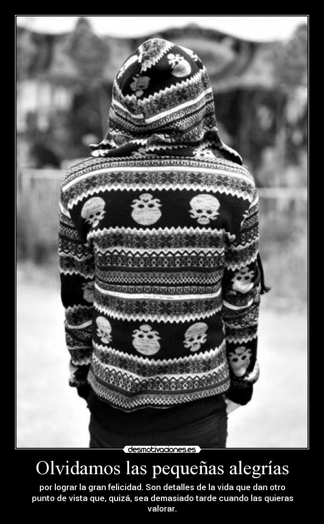 Olvidamos las pequeñas alegrías - por lograr la gran felicidad. Son detalles de la vida que dan otro
punto de vista que, quizá, sea demasiado tarde cuando las quieras
valorar.
