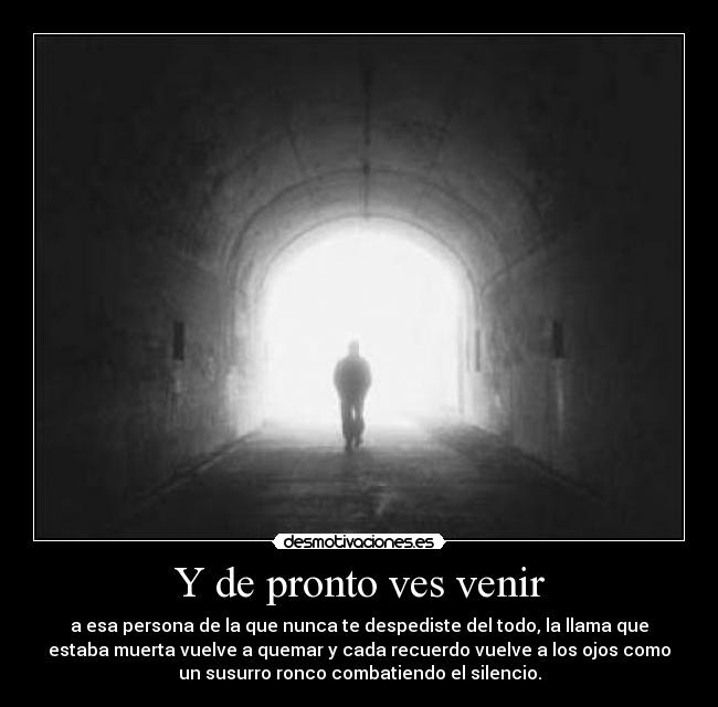 Y de pronto ves venir - a esa persona de la que nunca te despediste del todo, la llama que
estaba muerta vuelve a quemar y cada recuerdo vuelve a los ojos como
un susurro ronco combatiendo el silencio.