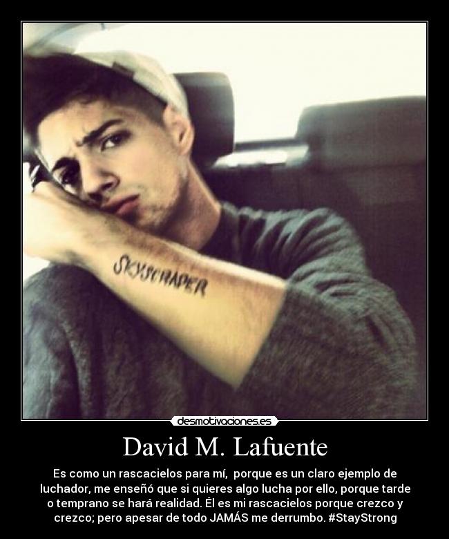 David M. Lafuente - Es como un rascacielos para mí, porque es un claro ejemplo de
luchador, me enseñó que si quieres algo lucha por ello, porque tarde
o temprano se hará realidad. Él es mi rascacielos porque crezco y
crezco; pero apesar de todo JAMÁS me derrumbo. #StayStrong