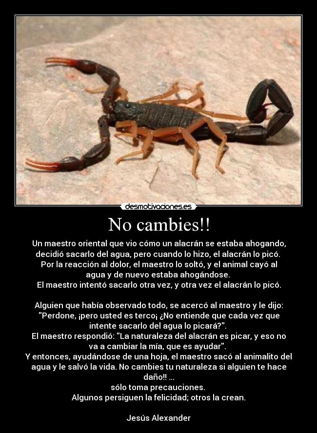 No cambies!! - Un maestro oriental que vio cómo un alacrán se estaba ahogando,
decidió sacarlo del agua, pero cuando lo hizo, el alacrán lo picó.
Por la reacción al dolor, el maestro lo soltó, y el animal cayó al
agua y de nuevo estaba ahogándose.
El maestro intentó sacarlo otra vez, y otra vez el alacrán lo picó.
Alguien que había observado todo, se acercó al maestro y le dijo:
Perdone, ¡pero usted es terco¡ ¿No entiende que cada vez que
intente sacarlo del agua lo picará?.
El maestro respondió: La naturaleza del alacrán es picar, y eso no
va a cambiar la mía, que es ayudar.
Y entonces, ayudándose de una hoja, el maestro sacó al animalito del
agua y le salvó la vida. No cambies tu naturaleza si alguien te hace
daño!! ...
sólo toma precauciones.
Algunos persiguen la felicidad; otros la crean.
Jesús Alexander♀