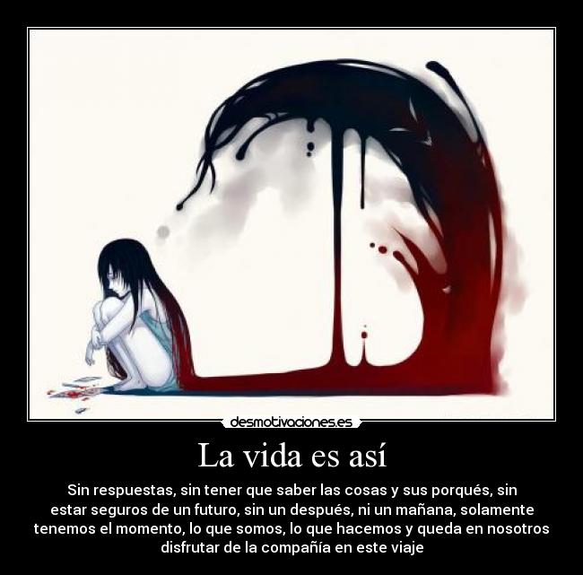 La vida es así - Sin respuestas, sin tener que saber las cosas y sus porqués, sin
estar seguros de un futuro, sin un después, ni un mañana, solamente
tenemos el momento, lo que somos, lo que hacemos y queda en nosotros
disfrutar de la compañía en este viaje