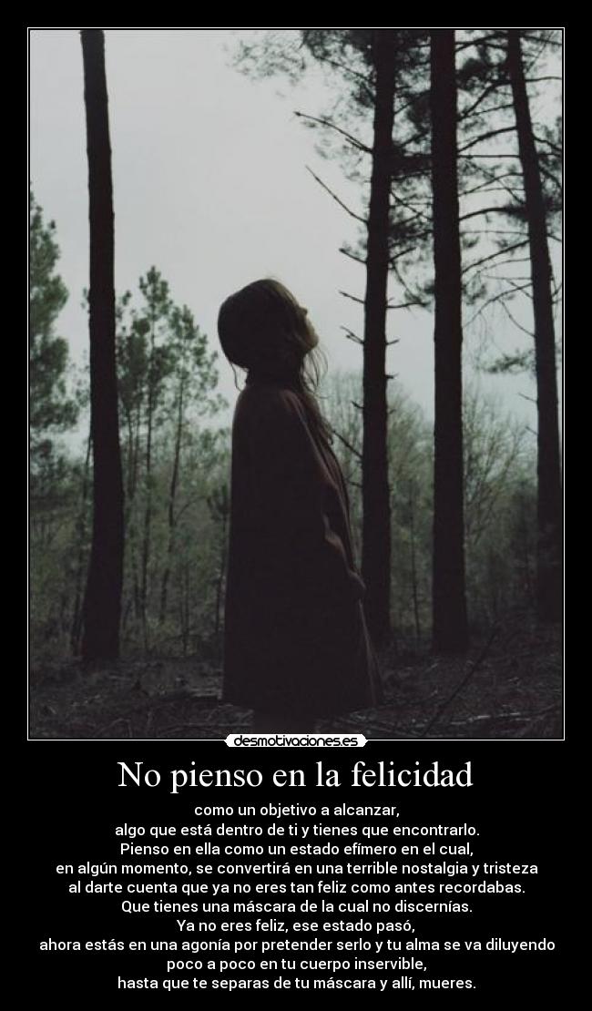 No pienso en la felicidad - como un objetivo a alcanzar,
algo que está dentro de ti y tienes que encontrarlo.
Pienso en ella como un estado efímero en el cual,
en algún momento, se convertirá en una terrible nostalgia y tristeza
al darte cuenta que ya no eres tan feliz como antes recordabas.
Que tienes una máscara de la cual no discernías.
Ya no eres feliz, ese estado pasó,
ahora estás en una agonía por pretender serlo y tu alma se va diluyendo
poco a poco en tu cuerpo inservible,
hasta que te separas de tu máscara y allí, mueres.