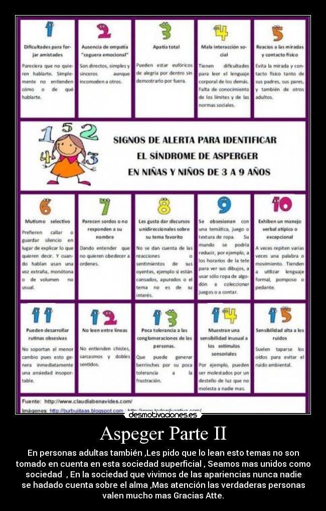 Aspeger Parte II - En personas adultas también ,Les pido que lo lean esto temas no son
tomado en cuenta en esta sociedad superficial , Seamos mas unidos como
sociedad , En la sociedad que vivimos de las apariencias nunca nadie
se hadado cuenta sobre el alma ,Mas atención las verdaderas personas
valen mucho mas Gracias Atte.