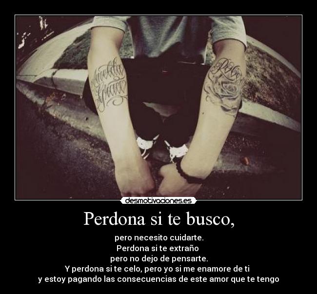 Perdona si te busco, - pero necesito cuidarte.
Perdona si te extraño
pero no dejo de pensarte.
Y perdona si te celo, pero yo si me enamore de ti
y estoy pagando las consecuencias de este amor que te tengo