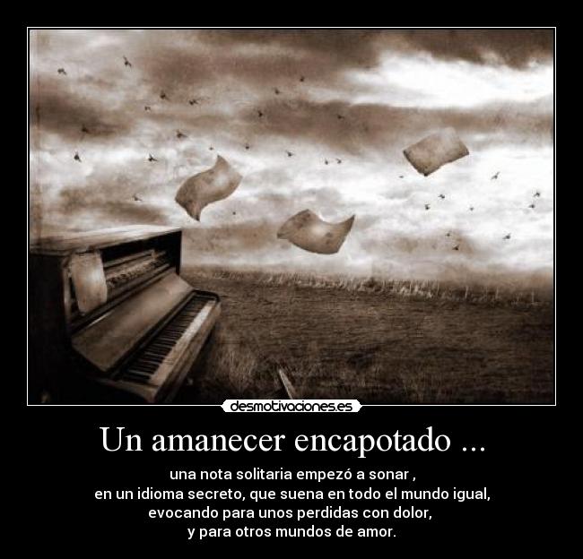 Un amanecer encapotado ... - una nota solitaria empezó a sonar ,
en un idioma secreto, que suena en todo el mundo igual,
evocando para unos perdidas con dolor,
y para otros mundos de amor.