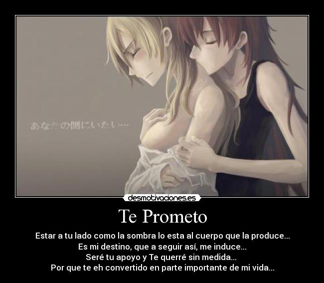 Te Prometo - Estar a tu lado como la sombra lo esta al cuerpo que la produce...
Es mi destino, que a seguir así, me induce...
Seré tu apoyo y Te querré sin medida... 
Por que te eh convertido en parte importante de mi vida...