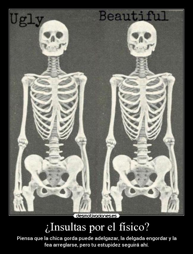 ¿Insultas por el físico? - Piensa que la chica gorda puede adelgazar, la delgada engordar y la
fea arreglarse, pero tu estupidez seguirá ahí.