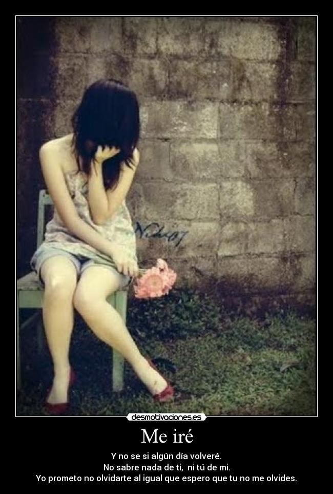 Me iré - Y no se si algún día volveré.
No sabre nada de ti, ni tú de mi.
Yo prometo no olvidarte al igual que espero que tu no me olvides.