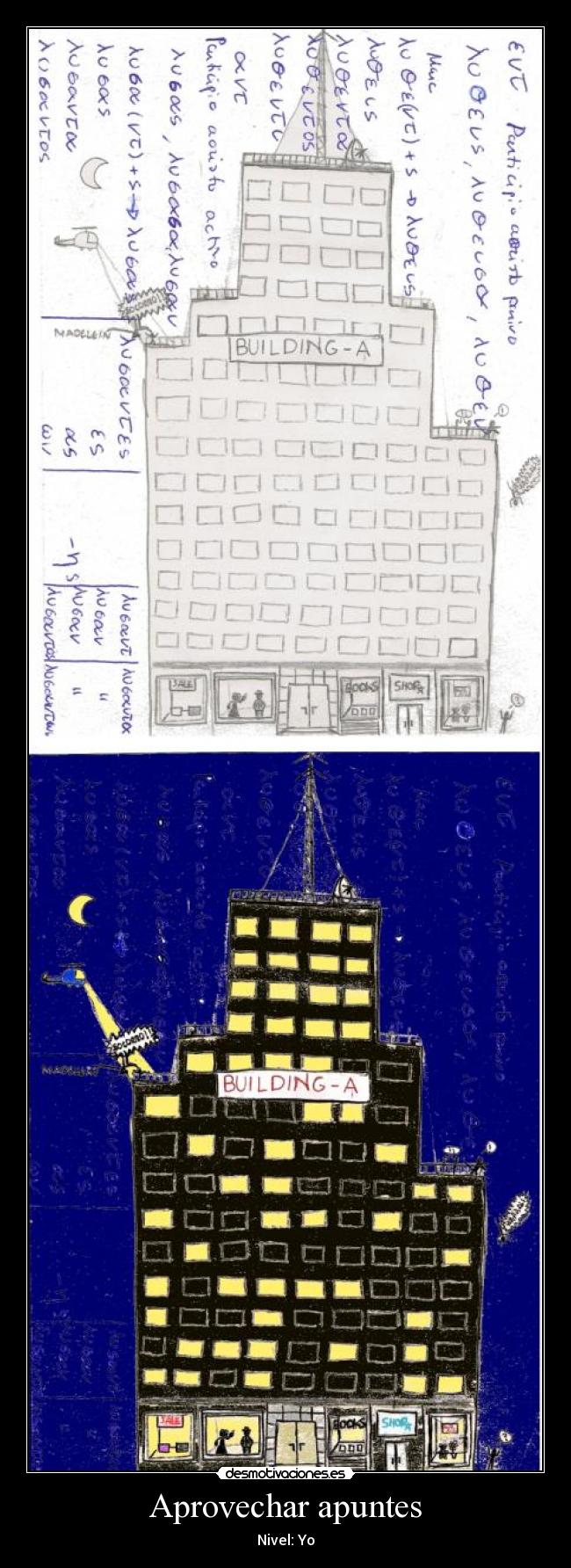 carteles edificio con gente suicidandose divertido apuntes griego desmotivaciones