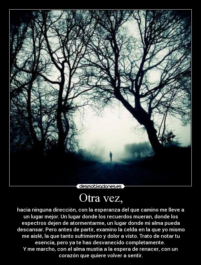 Otra vez, - hacia ninguna dirección, con la esperanza del que camino me lleve a
un lugar mejor. Un lugar donde los recuerdos mueran, donde los
espectros dejen de atormentarme, un lugar donde mi alma pueda
descansar. Pero antes de partir, examino la celda en la que yo mismo
me aislé, la que tanto sufrimiento y dolor a visto. Trato de notar tu
esencia, pero ya te has desvanecido completamente. 
Y me marcho, con el alma mustia a la espera de renacer, con un
corazón que quiere volver a sentir.
