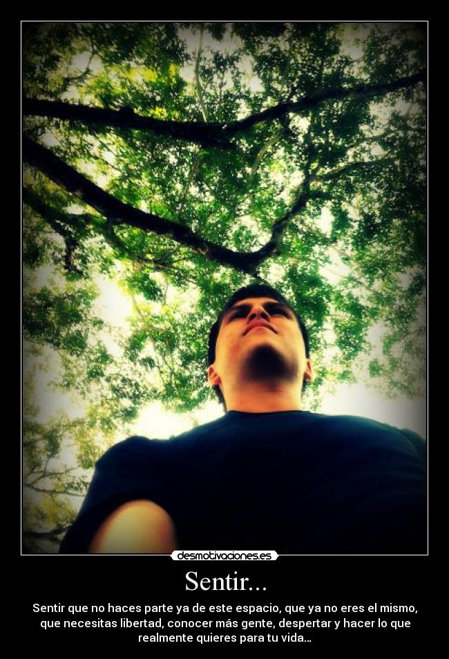 Sentir... - Sentir que no haces parte ya de este espacio, que ya no eres el mismo,
que necesitas libertad, conocer más gente, despertar y hacer lo que
realmente quieres para tu vida…