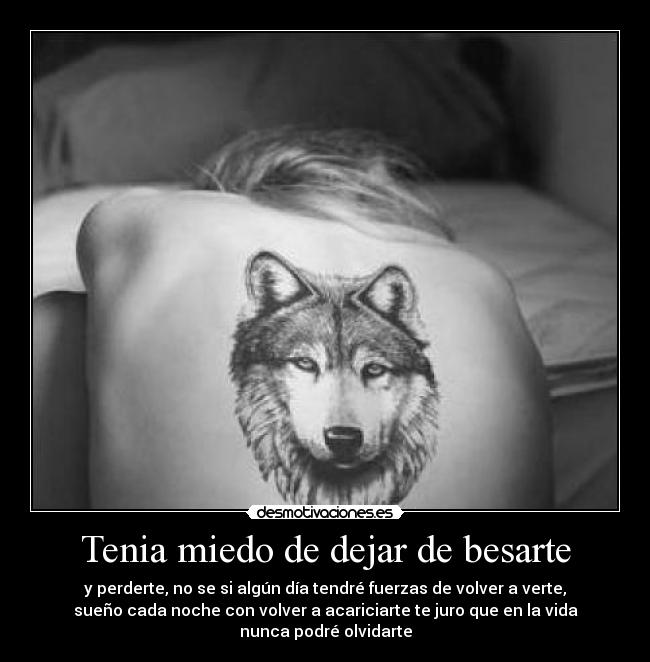 Tenia miedo de dejar de besarte - y perderte, no se si algún día tendré fuerzas de volver a verte,
sueño cada noche con volver a acariciarte te juro que en la vida
nunca podré olvidarte