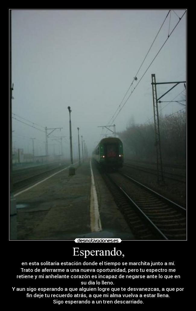 Esperando, - en esta solitaria estación donde el tiempo se marchita junto a mí.
Trato de aferrarme a una nueva oportunidad, pero tu espectro me
retiene y mi anhelante corazón es incapaz de negarse ante lo que en
su día lo lleno. 
Y aun sigo esperando a que alguien logre que te desvanezcas, a que por
fin deje tu recuerdo atrás, a que mi alma vuelva a estar llena.
Sigo esperando a un tren descarriado.