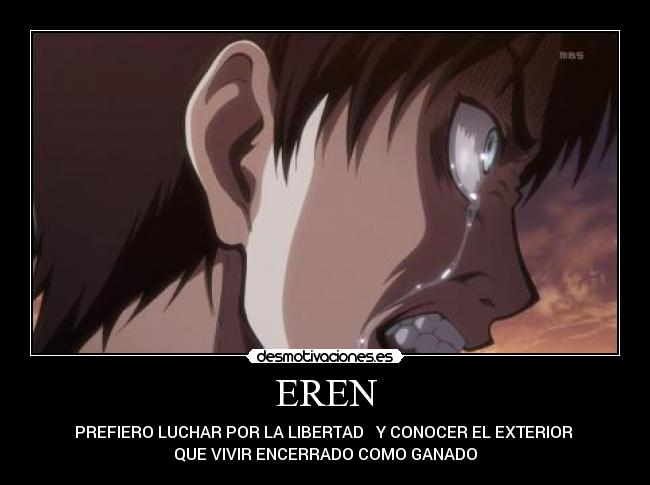 EREN - PREFIERO LUCHAR POR LA LIBERTAD Y CONOCER EL EXTERIOR
QUE VIVIR ENCERRADO COMO GANADO