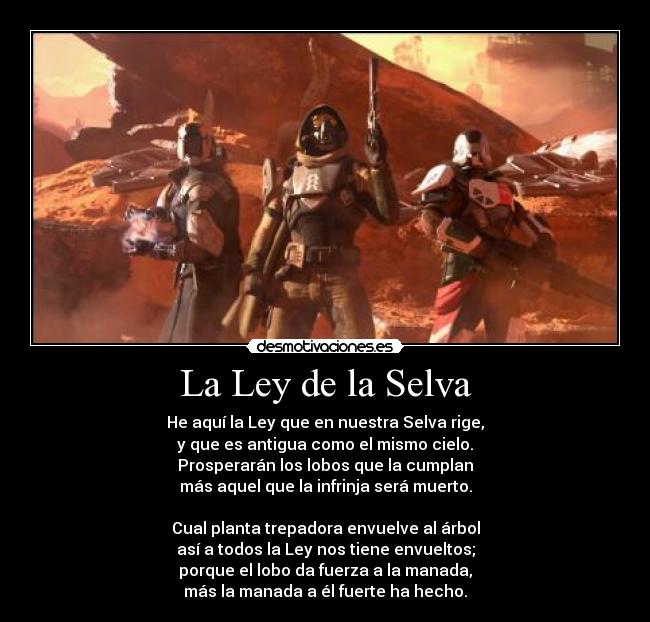 La Ley de la Selva - He aquí la Ley que en nuestra Selva rige,
y que es antigua como el mismo cielo.
Prosperarán los lobos que la cumplan
más aquel que la infrinja será muerto.

Cual planta trepadora envuelve al árbol
así a todos la Ley nos tiene envueltos;
porque el lobo da fuerza a la manada,
más la manada a él fuerte ha hecho.