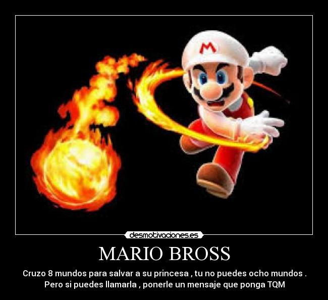 MARIO BROSS - Cruzo 8 mundos para salvar a su princesa , tu no puedes ocho mundos .
Pero si puedes llamarla , ponerle un mensaje que ponga TQM