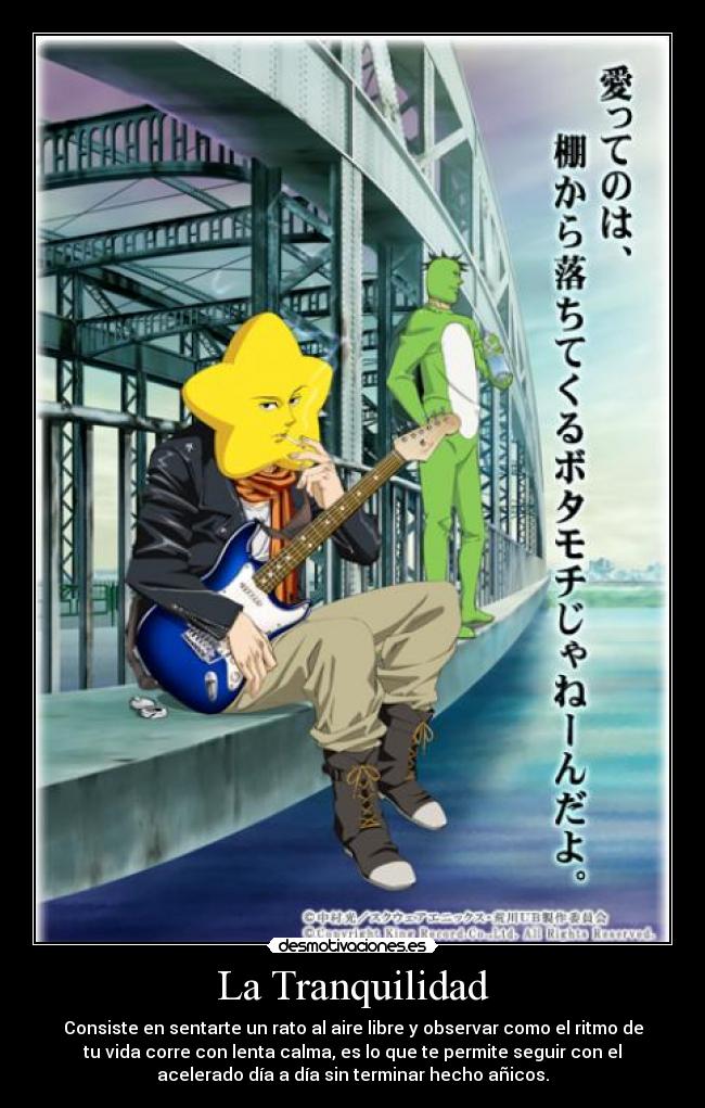 La Tranquilidad - Consiste en sentarte un rato al aire libre y observar como el ritmo de
tu vida corre con lenta calma, es lo que te permite seguir con el
acelerado día a día sin terminar hecho añicos.