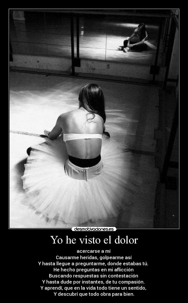 Yo he visto el dolor - acercarse a mí
Causarme heridas, golpearme así
Y hasta llegue a preguntarme, donde estabas tú.
He hecho preguntas en mi aflicción
Buscando respuestas sin contestación
Y hasta dude por instantes, de tu compasión.
Y aprendí, que en la vida todo tiene un sentido,
Y descubrí que todo obra para bien.