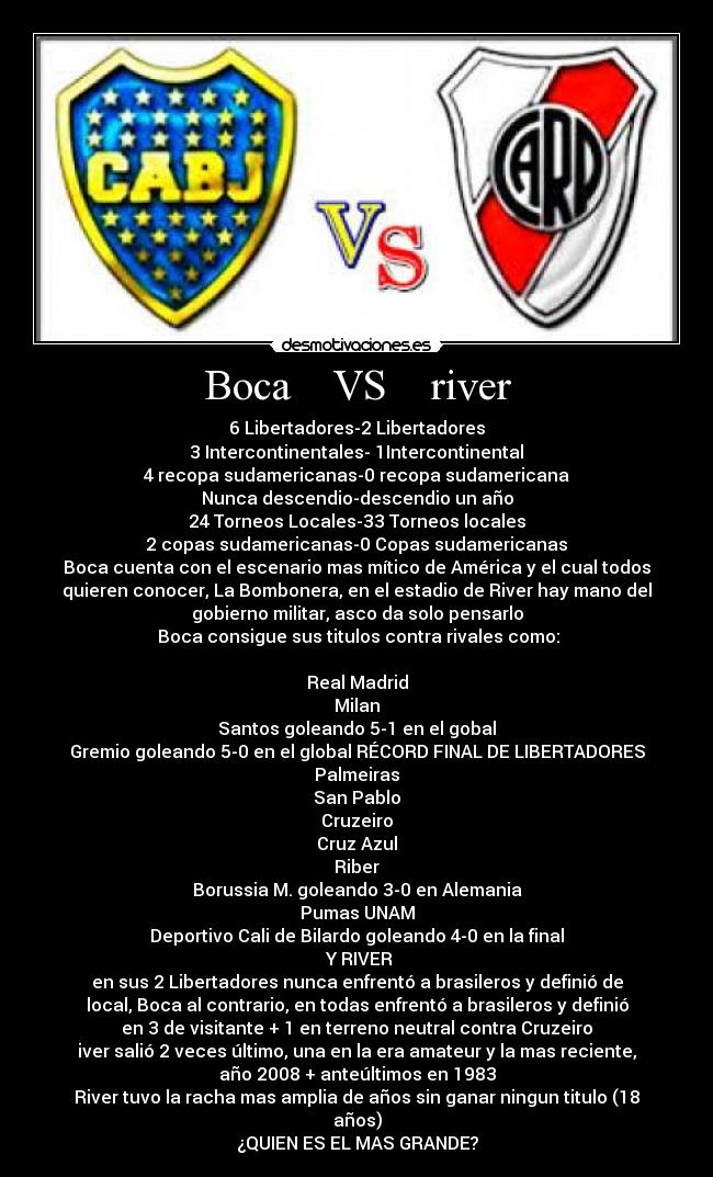 Boca    VS    river - 6 Libertadores-2 Libertadores
3 Intercontinentales- 1Intercontinental
4 recopa sudamericanas-0 recopa sudamericana
Nunca descendio-descendio un año
24 Torneos Locales-33 Torneos locales
2 copas sudamericanas-0 Copas sudamericanas
Boca cuenta con el escenario mas mítico de América y el cual todos
quieren conocer, La Bombonera, en el estadio de River hay mano del
gobierno militar, asco da solo pensarlo
 Boca consigue sus titulos contra rivales como:

Real Madrid
Milan
Santos goleando 5-1 en el gobal
Gremio goleando 5-0 en el global RÉCORD FINAL DE LIBERTADORES
Palmeiras
San Pablo
Cruzeiro
Cruz Azul
Riber
Borussia M. goleando 3-0 en Alemania
Pumas UNAM
Deportivo Cali de Bilardo goleando 4-0 en la final
 Y RIVER
en sus 2 Libertadores nunca enfrentó a brasileros y definió de
local, Boca al contrario, en todas enfrentó a brasileros y definió
en 3 de visitante + 1 en terreno neutral contra Cruzeiro
iver salió 2 veces último, una en la era amateur y la mas reciente,
año 2008 + anteúltimos en 1983
River tuvo la racha mas amplia de años sin ganar ningun titulo (18
años)
¿QUIEN ES EL MAS GRANDE?