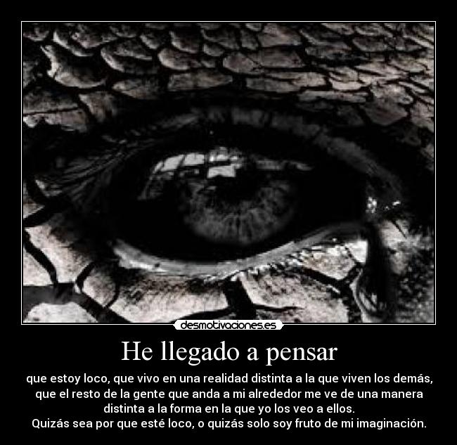 He llegado a pensar - que estoy loco, que vivo en una realidad distinta a la que viven los demás,
que el resto de la gente que anda a mi alrededor me ve de una manera
distinta a la forma en la que yo los veo a ellos.
Quizás sea por que esté loco, o quizás solo soy fruto de mi imaginación.