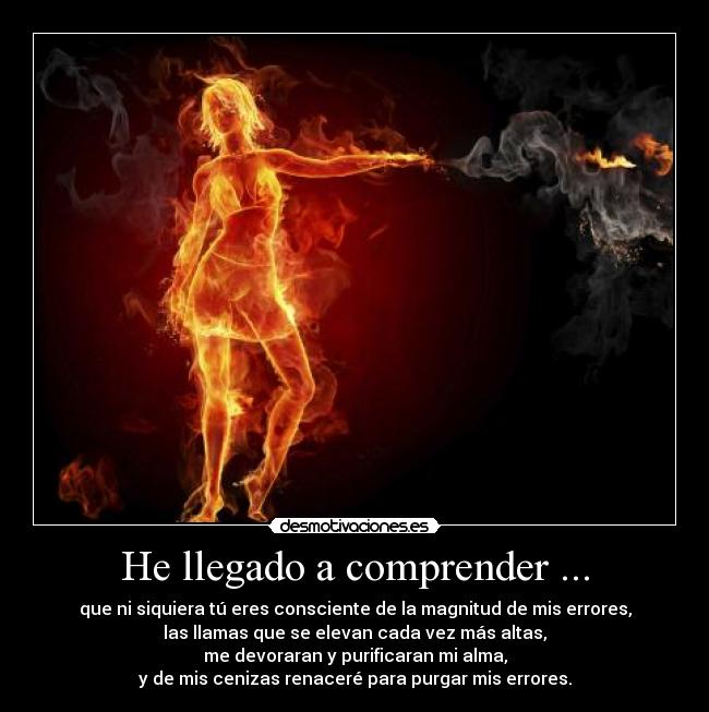 He llegado a comprender ... - que ni siquiera tú eres consciente de la magnitud de mis errores,
las llamas que se elevan cada vez más altas,
me devoraran y purificaran mi alma,
y de mis cenizas renaceré para purgar mis errores.
