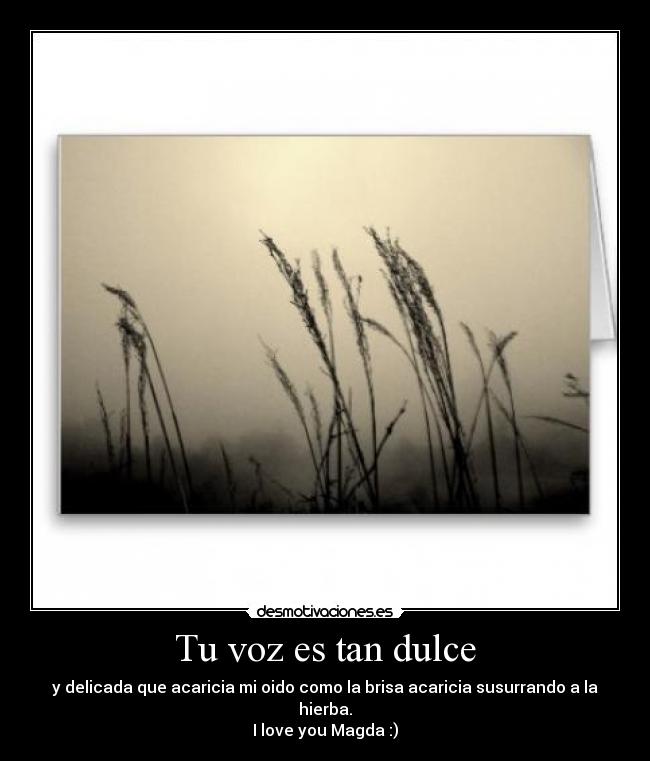 Tu voz es tan dulce - y delicada que acaricia mi oido como la brisa acaricia susurrando a la hierba.
I love you Magda :)