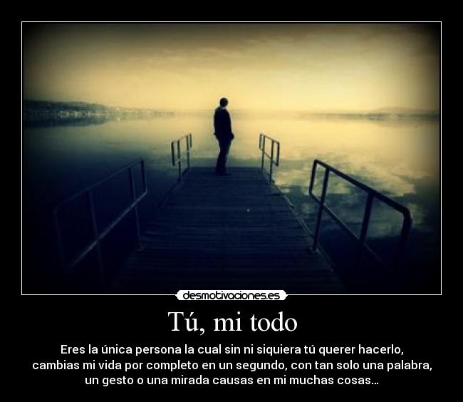 Tú, mi todo - Eres la única persona la cual sin ni siquiera tú querer hacerlo,
cambias mi vida por completo en un segundo, con tan solo una palabra,
un gesto o una mirada causas en mi muchas cosas…