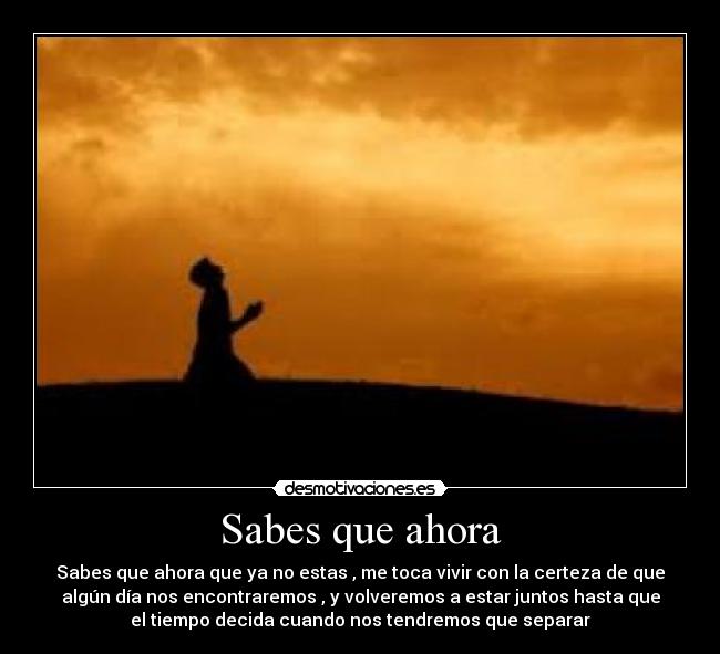 Sabes que ahora - Sabes que ahora que ya no estas , me toca vivir con la certeza de que
algún día nos encontraremos , y volveremos a estar juntos hasta que
el tiempo decida cuando nos tendremos que separar