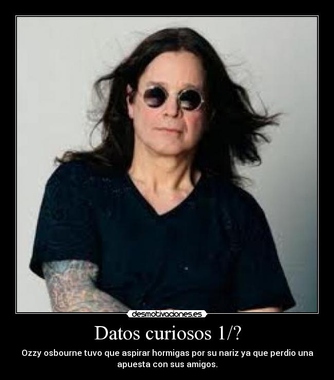 Datos curiosos 1/? - Ozzy osbourne tuvo que aspirar hormigas por su nariz ya que perdio una
apuesta con sus amigos.