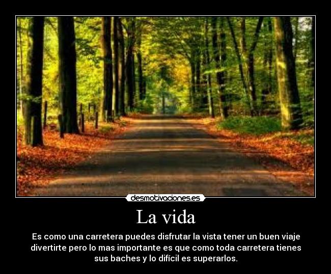 La vida - Es como una carretera puedes disfrutar la vista tener un buen viaje
divertirte pero lo mas importante es que como toda carretera tienes
sus baches y lo difícil es superarlos.