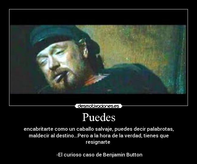 Puedes - encabritarte como un caballo salvaje, puedes decir palabrotas,
maldecir al destino...Pero a la hora de la verdad, tienes que
resignarte 
                                                                      
 -El curioso caso de Benjamin Button