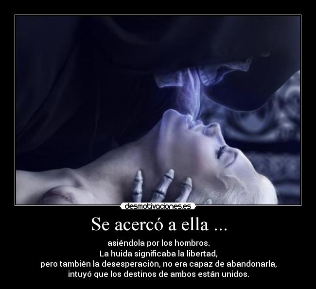 Se acercó a ella ... - asiéndola por los hombros.
La huida significaba la libertad,
pero también la desesperación, no era capaz de abandonarla,
intuyó que los destinos de ambos están unidos.