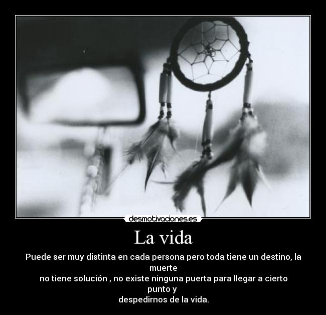 La vida - Puede ser muy distinta en cada persona pero toda tiene un destino, la muerte
no tiene solución , no existe ninguna puerta para llegar a cierto punto y 
despedirnos de la vida.