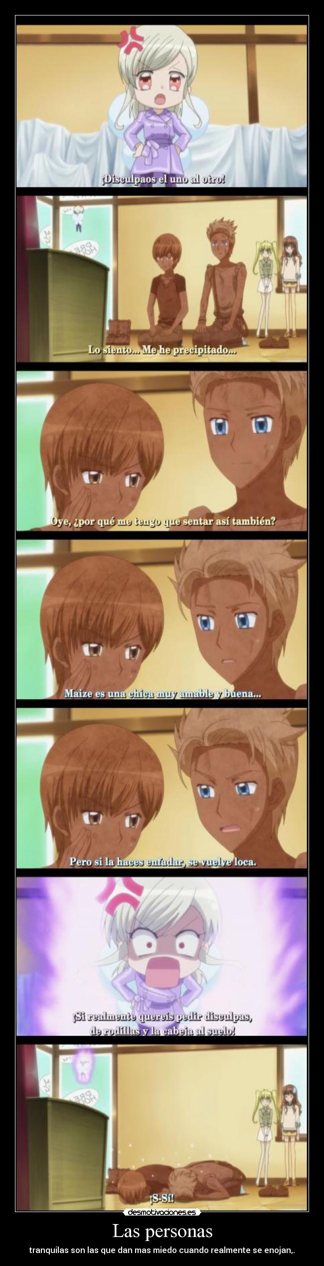 carteles anime persona tranquila enojada furia amistad perdon disculpa mazie yumeiro patissiere desmotivaciones