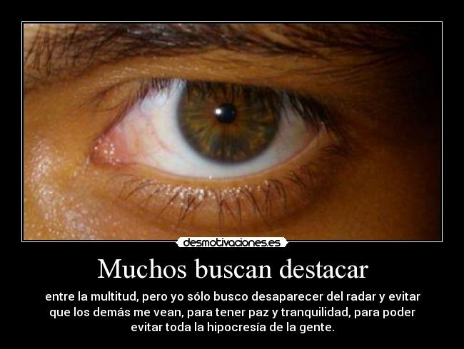Muchos buscan destacar - entre la multitud, pero yo sólo busco desaparecer del radar y evitar
que los demás me vean, para tener paz y tranquilidad, para poder
evitar toda la hipocresía de la gente.