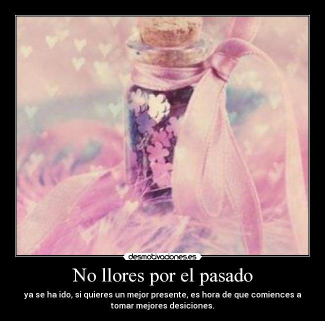 No llores por el pasado - ya se ha ido, si quieres un mejor presente, es hora de que comiences a
tomar mejores desiciones.