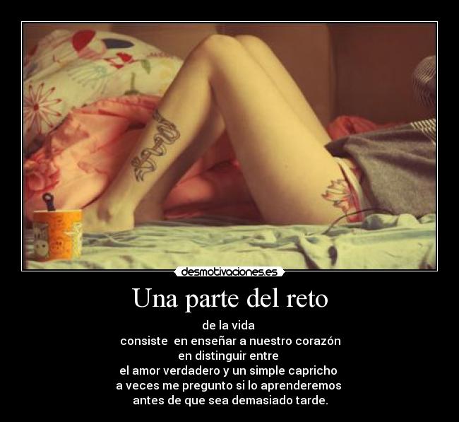 Una parte del reto - de la vida
consiste en enseñar a nuestro corazón
en distinguir entre
el amor verdadero y un simple capricho
a veces me pregunto si lo aprenderemos
antes de que sea demasiado tarde.