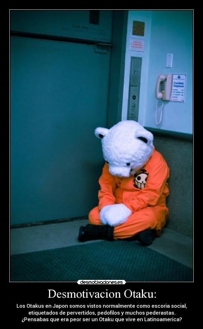 Desmotivacion Otaku: - Los Otakus en Japon somos vistos normalmente como escoria social,
etiquetados de pervertidos, pedofilos y muchos pederastas.
¿Pensabas que era peor ser un Otaku que vive en Latinoamerica?