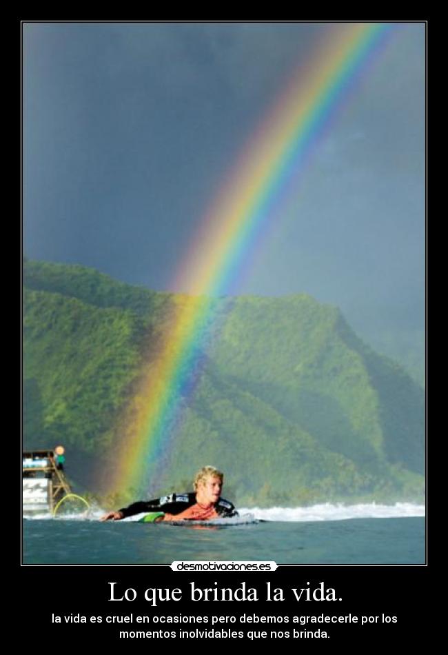 Lo que brinda la vida. - la vida es cruel en ocasiones pero debemos agradecerle por los
momentos inolvidables que nos brinda.
