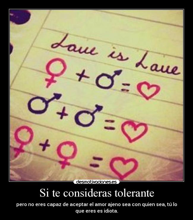 Si te consideras tolerante - pero no eres capaz de aceptar el amor ajeno sea con quien sea, tú lo que eres es idiota.