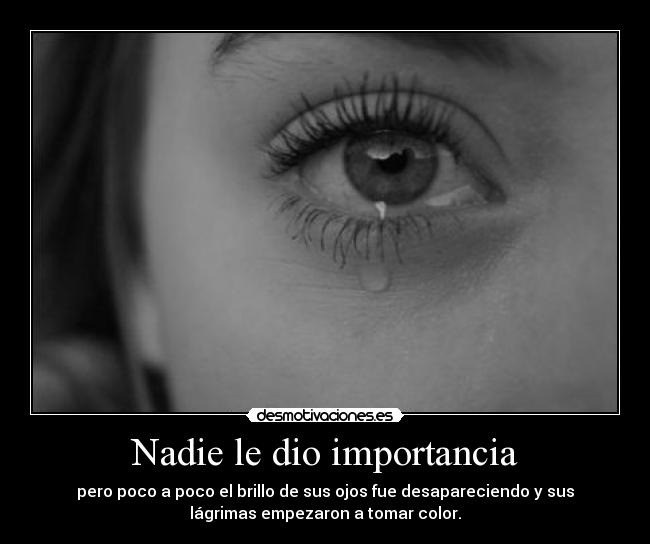 Nadie le dio importancia - pero poco a poco el brillo de sus ojos fue desapareciendo y sus
lágrimas empezaron a tomar color.