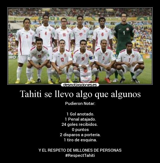Tahiti se llevo algo que algunos - Pudieron Notar:
1 Gol anotado.
1 Penal atajado.
24 goles recibidos.
0 puntos
2 disparos a portería.
1 tiro de esquina.
Y EL RESPETO DE MILLONES DE PERSONAS
#RespectTahiti