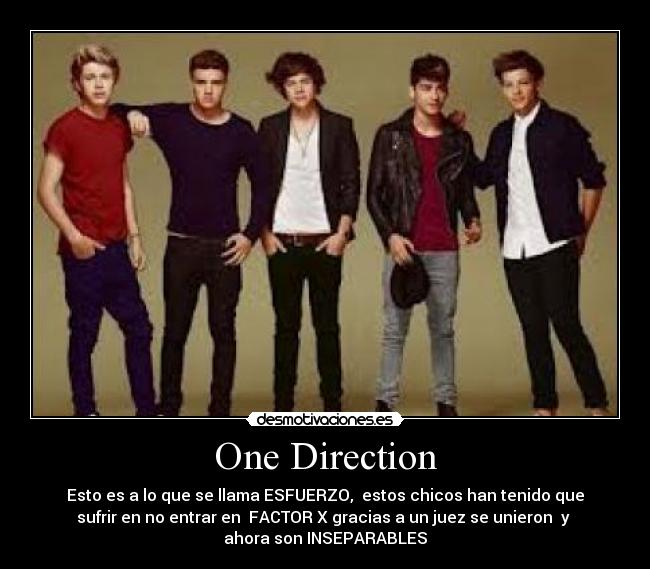 One Direction - Esto es a lo que se llama ESFUERZO,  estos chicos han tenido que
sufrir en no entrar en  FACTOR X gracias a un juez se unieron  y 
ahora son INSEPARABLES