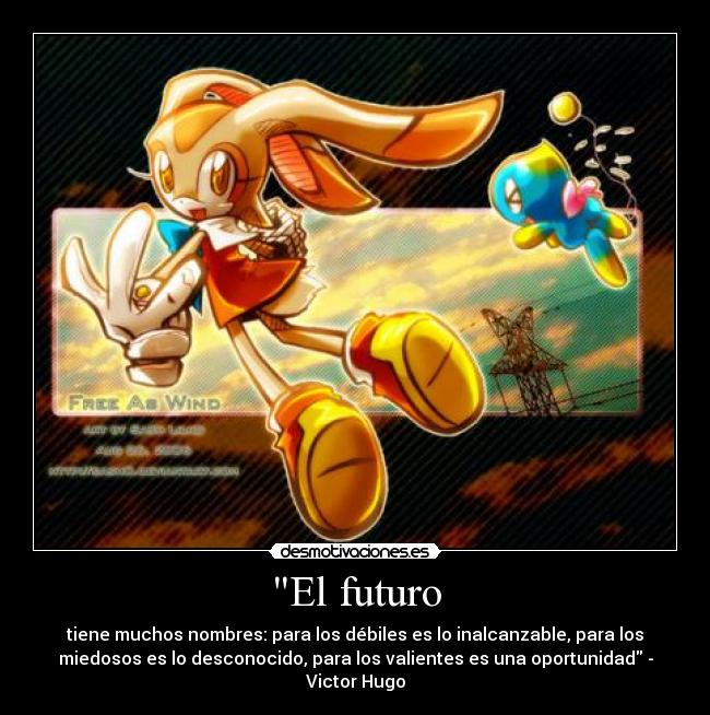 El futuro - tiene muchos nombres: para los débiles es lo inalcanzable, para los
miedosos es lo desconocido, para los valientes es una oportunidad -
Victor Hugo