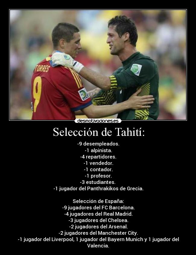 Selección de Tahití: - -9 desempleados.
-1 alpinista.
-4 repartidores.
-1 vendedor.
-1 contador.
-1 profesor.
-3 estudiantes.
-1 jugador del Panthrakikos de Grecia.
Selección de España:
-9 jugadores del FC Barcelona.
-4 jugadores del Real Madrid.
-3 jugadores del Chelsea.
-2 jugadores del Arsenal.
-2 jugadores del Manchester City.
-1 jugador del Liverpool, 1 jugador del Bayern Munich y 1 jugador del Valencia.