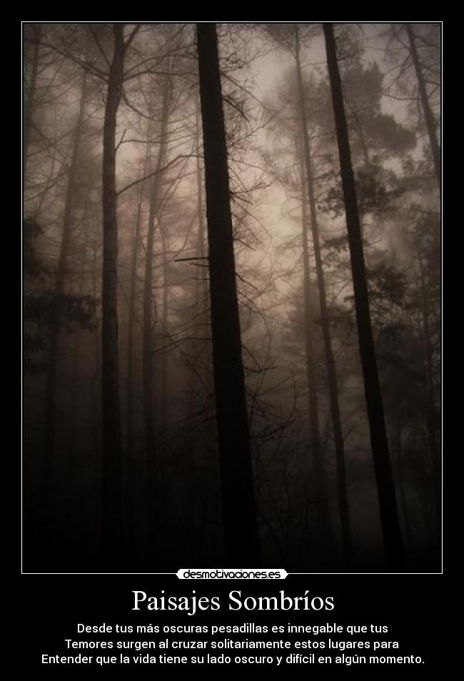 Paisajes Sombríos - Desde tus más oscuras pesadillas es innegable que tus
Temores surgen al cruzar solitariamente estos lugares para
Entender que la vida tiene su lado oscuro y difícil en algún momento.