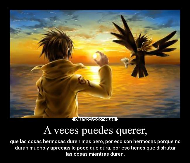 A veces puedes querer, - que las cosas hermosas duren mas pero, por eso son hermosas porque no
duran mucho y aprecias lo poco que dura, por eso tienes que disfrutar
las cosas mientras duren.