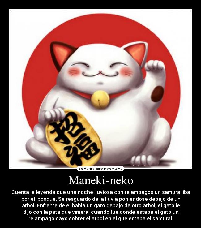 Maneki-neko - Cuenta la leyenda que una noche lluviosa con relampagos un samurai iba
por el bosque. Se resguardo de la lluvia poniendose debajo de un
árbol ,Enfrente de el habia un gato debajo de otro arbol, el gato le
dijo con la pata que viniera, cuando fue donde estaba el gato un
relampago cayó sobrer el arbol en el que estaba el samurai.